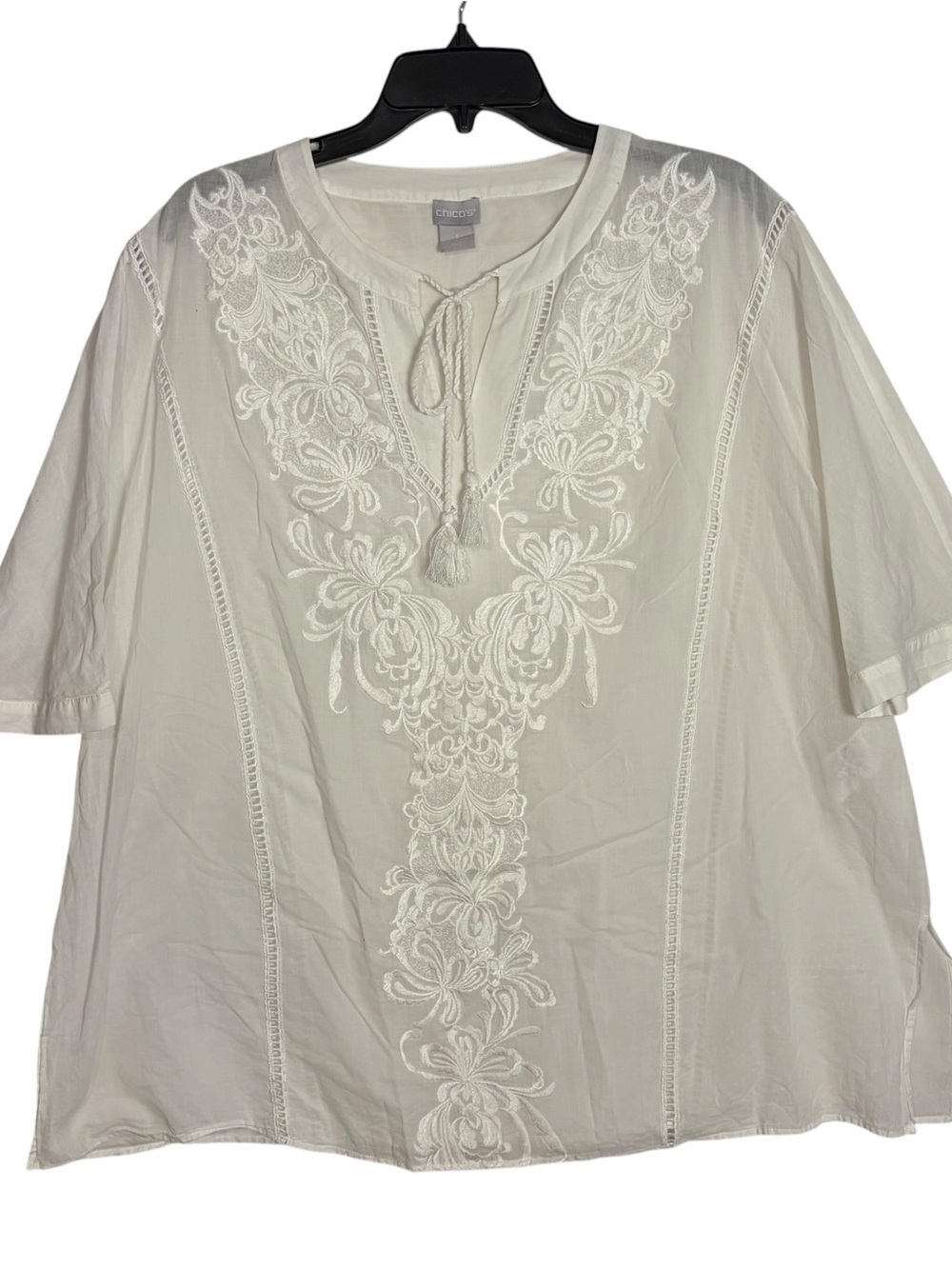 Chicos White Sheer Embroidered Blouse Tunic Top Cotton Lightweight Sz 3 US 16/18